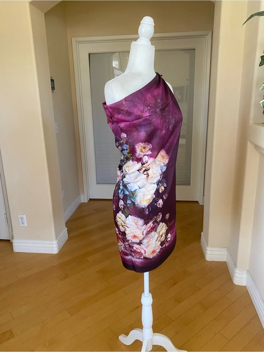 Floral Silk Wrap Scarf Top in Deep Plum
